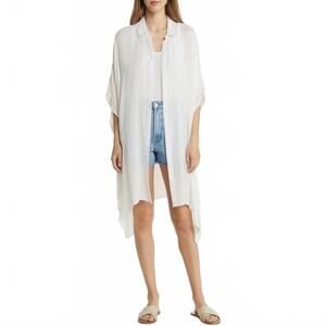 Wide Sleeve Button Up Tunic Collar Swim Cover Up White NWT One Size